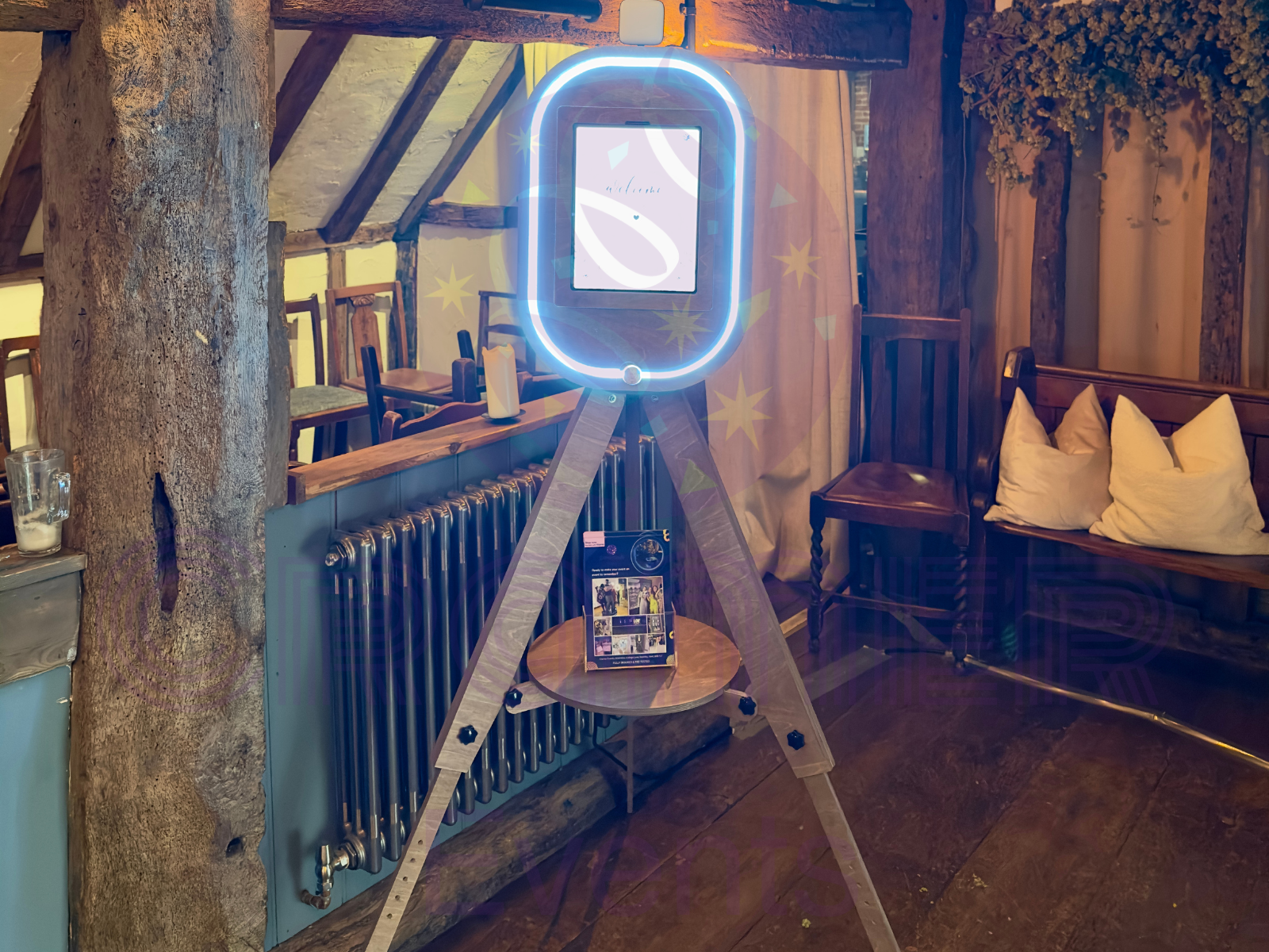 Serenity Selfie Booth at The Moat, Wrotham, Kent — rustic wedding set-up
